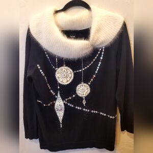 Vintage Berek Studio Black & Cream Holiday Sweater Sz XL w/beaded design
